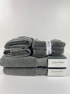 Calvin Klein Bath Towel Set Empower Dark Gray Plush Cotton Zero Twist 8 Pc NEW